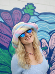 Fuzzy Pastel Rainbow Bucket Hat