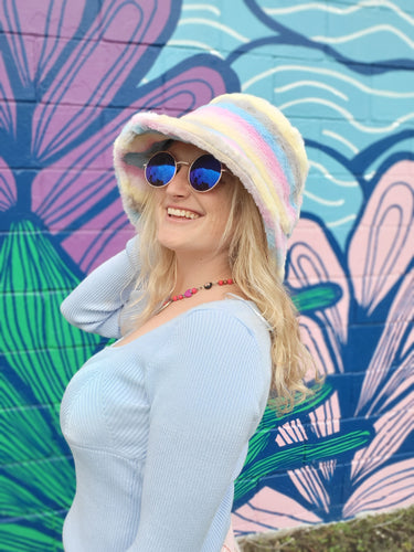 Fuzzy Pastel Rainbow Bucket Hat