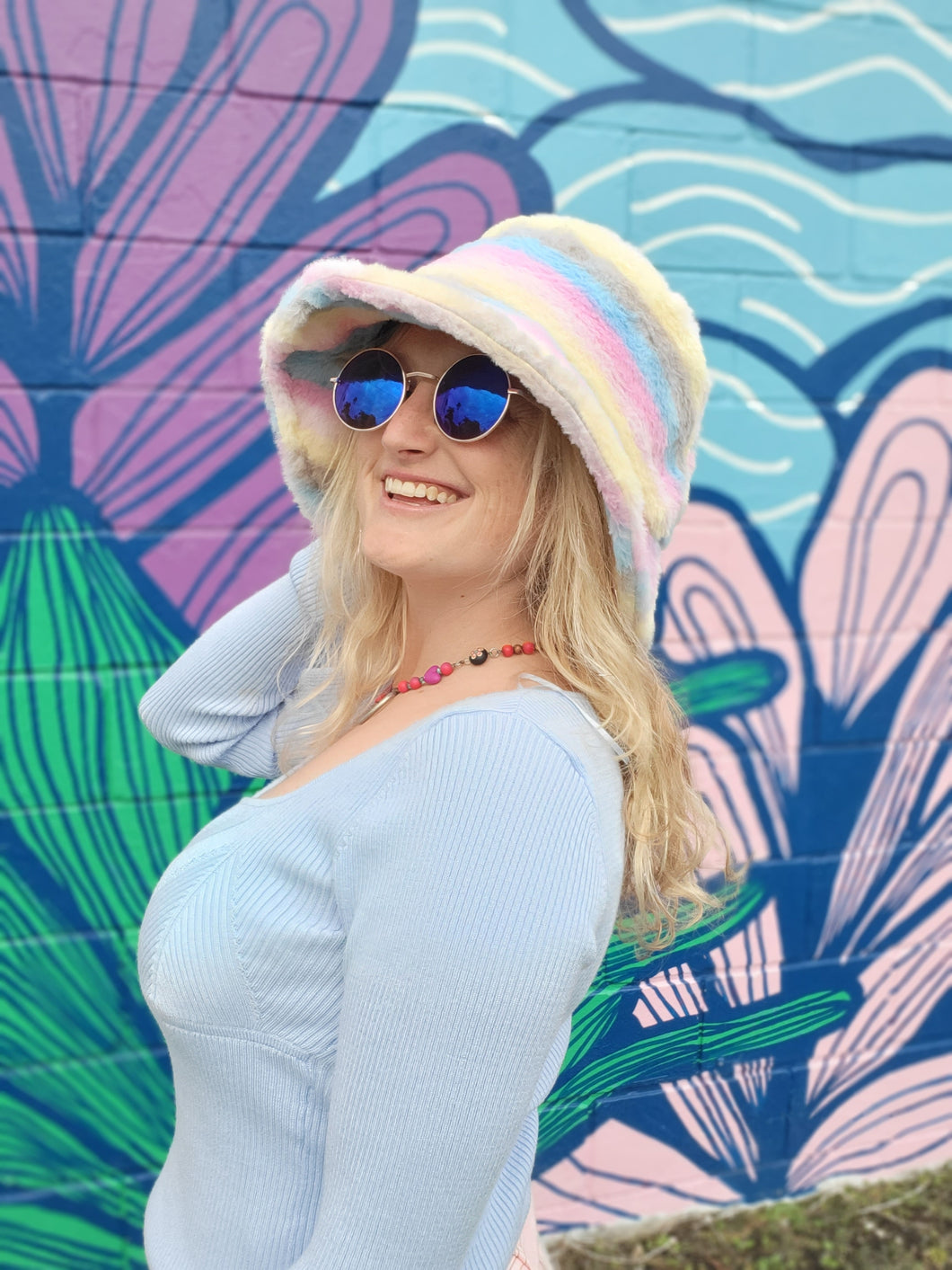 Fuzzy Pastel Rainbow Bucket Hat