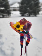 Load image into Gallery viewer, Autumn Sunset Tie Dye Fedora with Sunflower