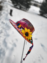 Load image into Gallery viewer, Autumn Sunset Tie Dye Fedora with Sunflower