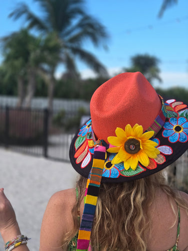 Orange Guatemalan Straw Embroidered Hat