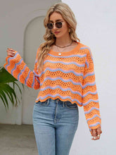Load image into Gallery viewer, Round Neck Openwork Flare Sleeve Knit Top