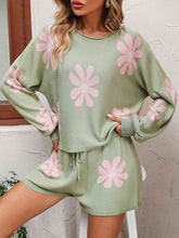 Load image into Gallery viewer, Floral Print Raglan Sleeve Knit Top and Tie Front Sweater Shorts Set