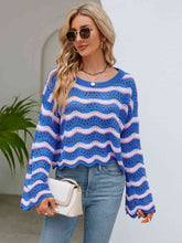 Load image into Gallery viewer, Round Neck Openwork Flare Sleeve Knit Top