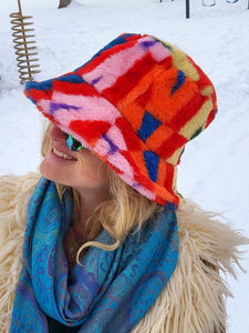 Abstract rainbow wide brim fuzzy bucket