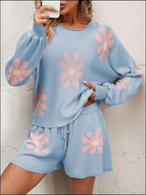 Load image into Gallery viewer, Floral Print Raglan Sleeve Knit Top and Tie Front Sweater Shorts Set