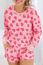 Load image into Gallery viewer, Heart Print Round Neck Top and Shorts Lounge Set