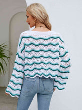 Load image into Gallery viewer, Round Neck Openwork Flare Sleeve Knit Top