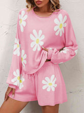 Load image into Gallery viewer, Floral Print Raglan Sleeve Knit Top and Tie Front Sweater Shorts Set