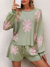 Load image into Gallery viewer, Floral Print Raglan Sleeve Knit Top and Tie Front Sweater Shorts Set