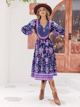 Load image into Gallery viewer, Printed Tie Neck Long Sleeve Midi Dress