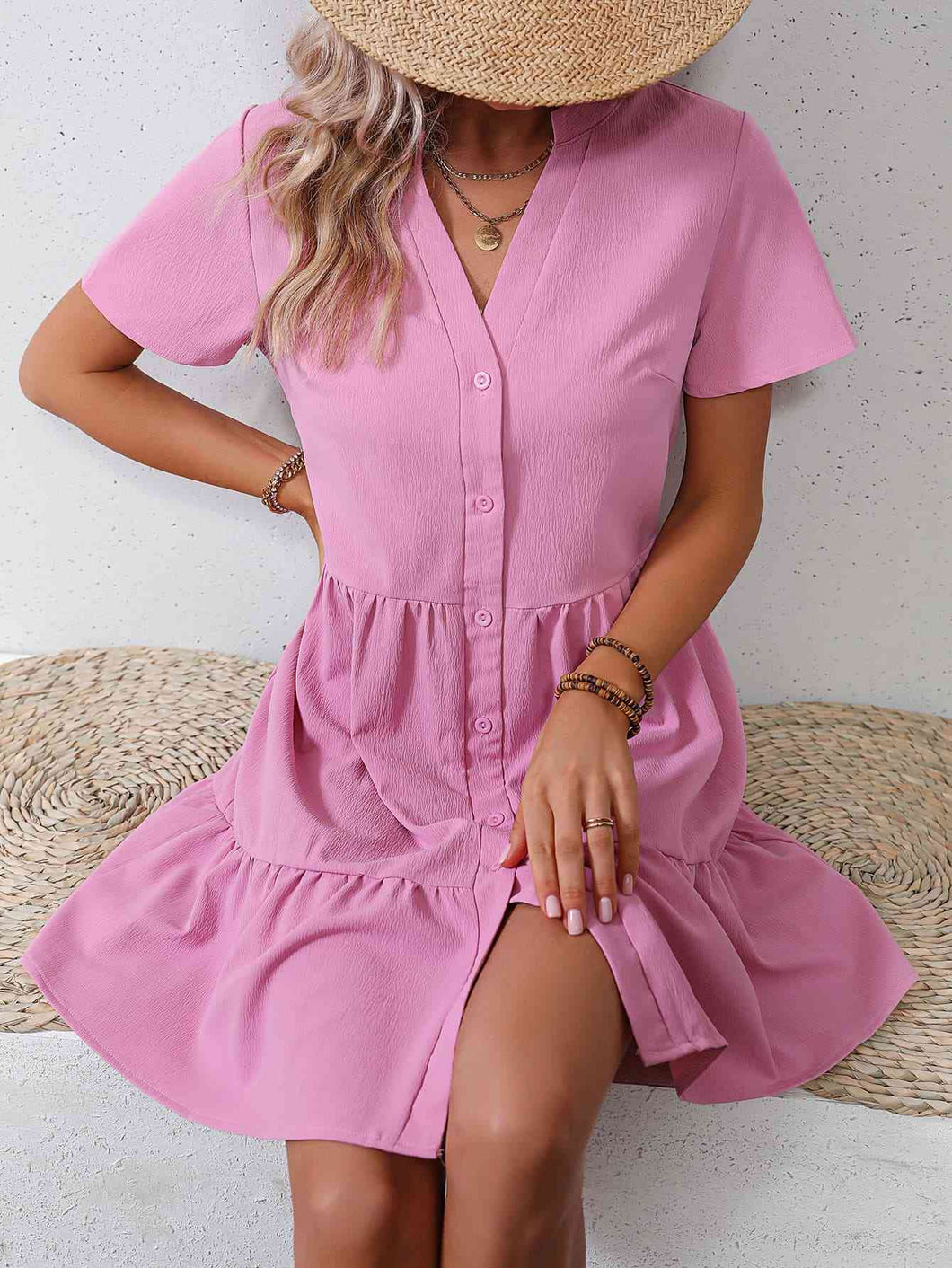 Short Sleeve Buttoned Tiered Dress