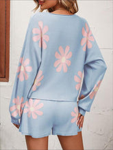Load image into Gallery viewer, Floral Print Raglan Sleeve Knit Top and Tie Front Sweater Shorts Set
