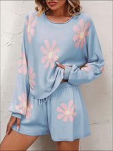 Load image into Gallery viewer, Floral Print Raglan Sleeve Knit Top and Tie Front Sweater Shorts Set