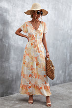 Load image into Gallery viewer, Floral Buttoned Drawstring Waist Tiered Dress