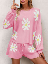 Load image into Gallery viewer, Floral Print Raglan Sleeve Knit Top and Tie Front Sweater Shorts Set